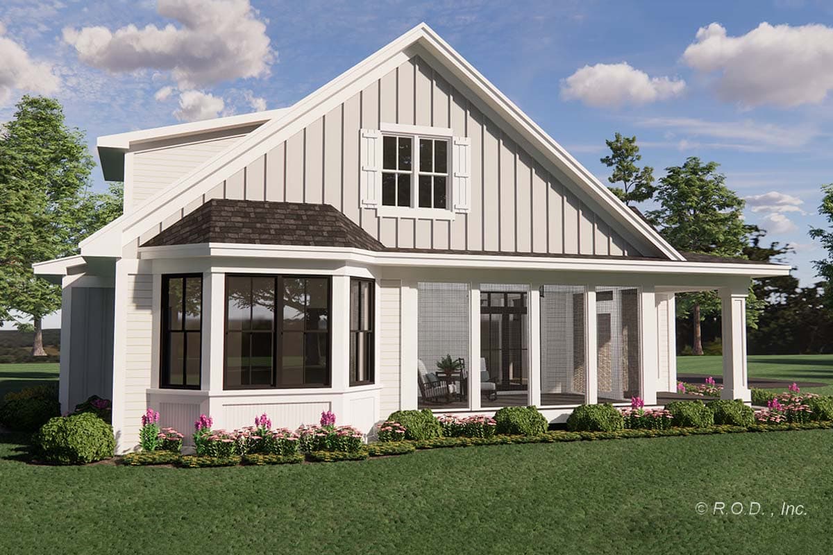 House plan exterior showing a Modern Farmhouse style home with vertical siding, a bay window, and a covered porch.