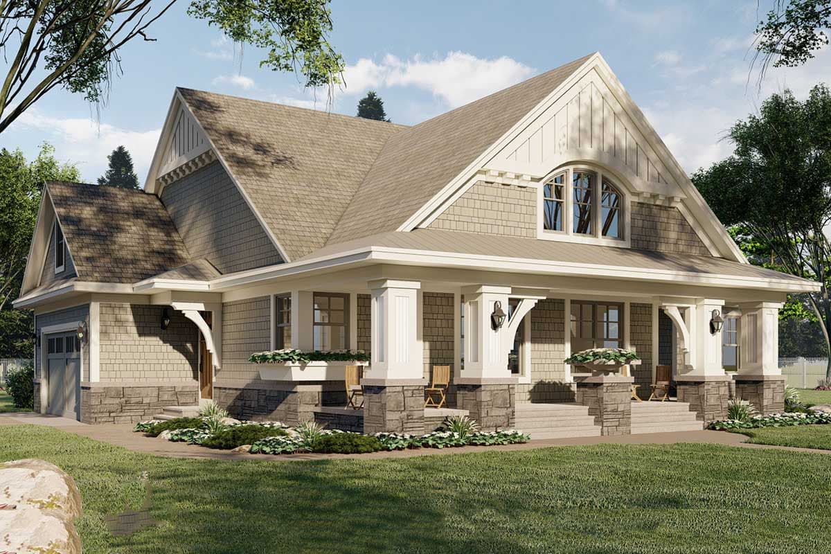 Craftsman house plan exterior with a wraparound porch, stone accents, arched dormer window, and a side-entry garage.