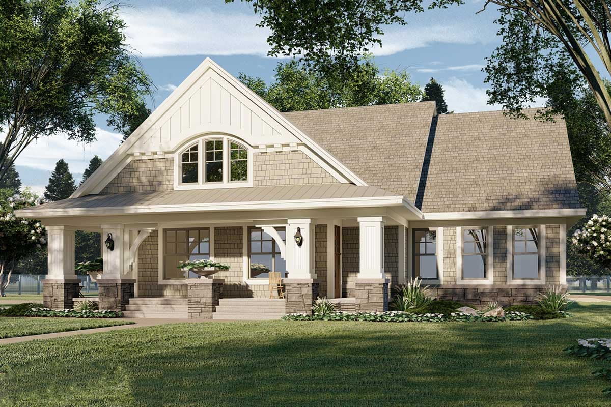 House plan exterior. Craftsman style, one story. Features include a front porch with columns, gabled roof, and decorative window dormer.
