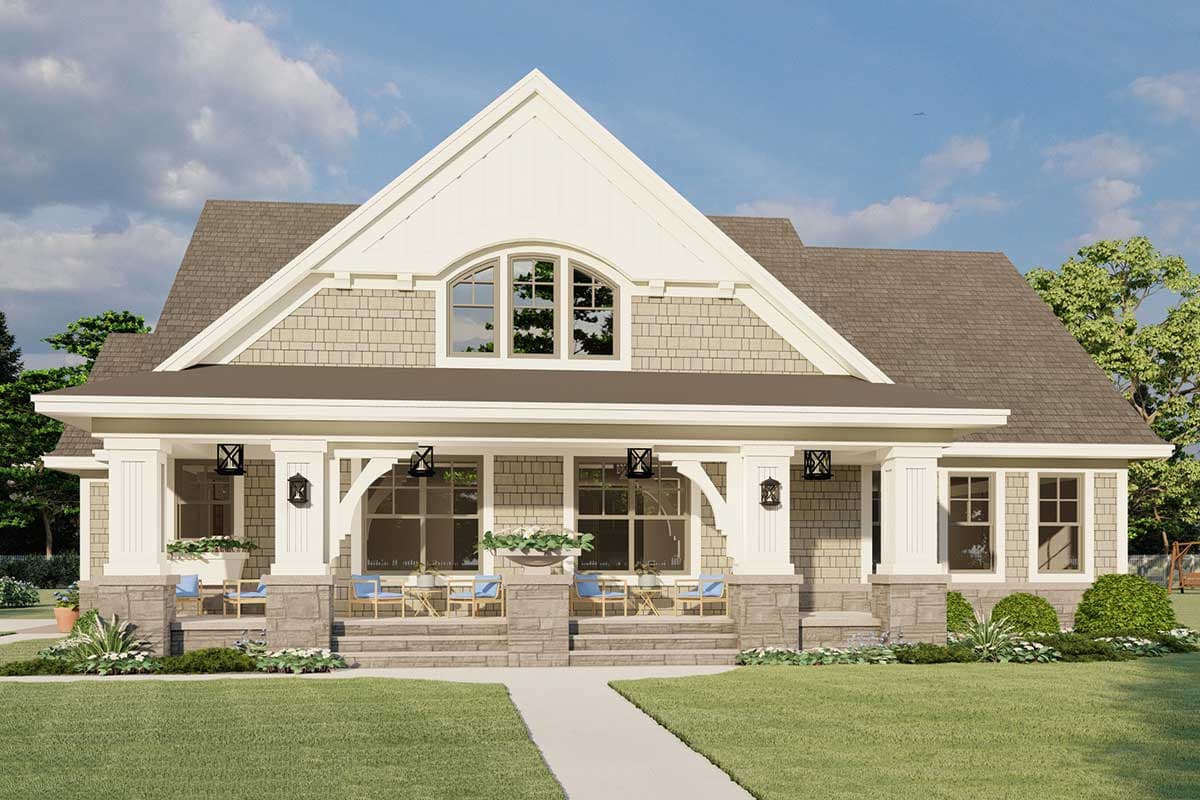 House plan exterior: Craftsman style, one-story, wide covered porch with stone supports, gable with arched window.
