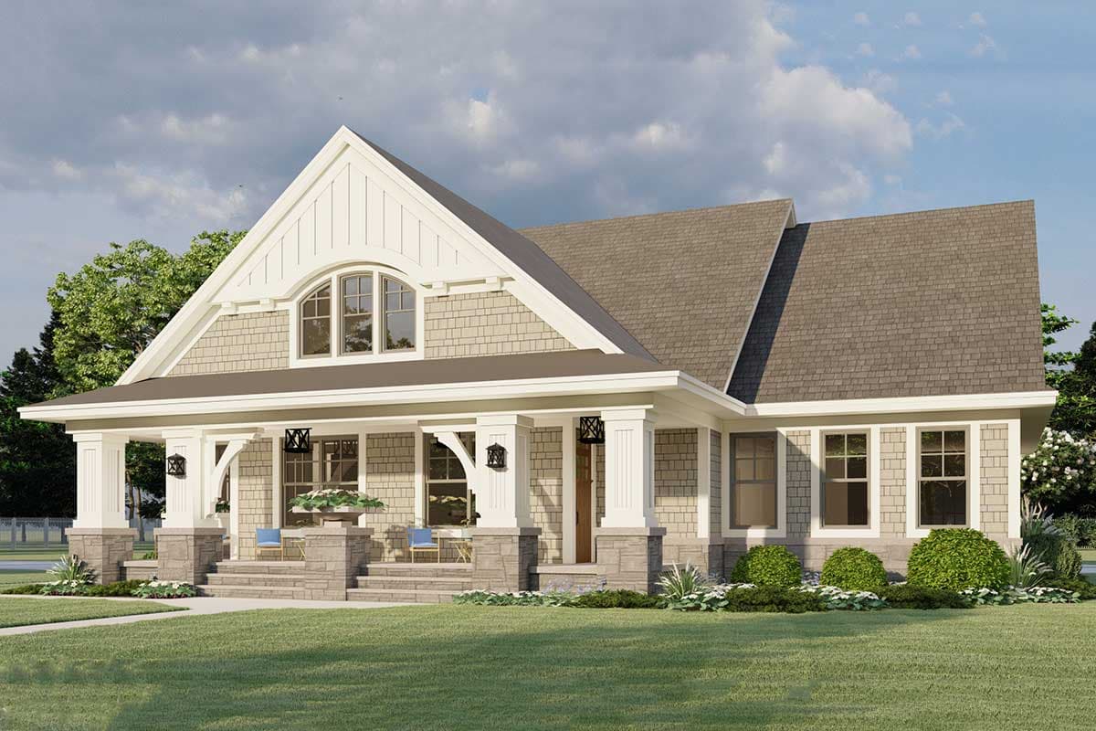 House plan exterior: Craftsman style, two stories, wide covered porch, arched dormer window, stone accents.