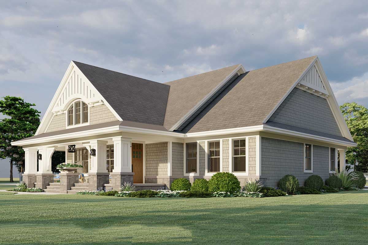 Craftsman style house plan exterior, 1 story, with a large wraparound porch, gables, and shingle siding.
