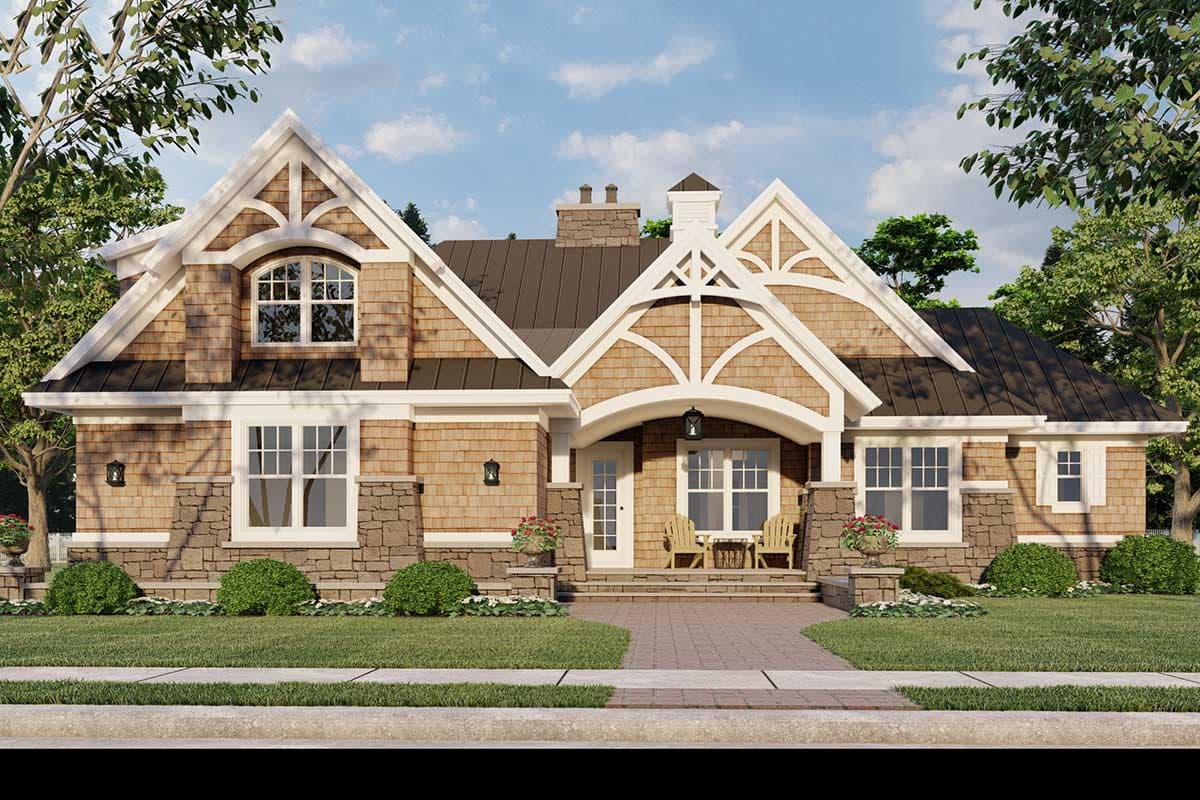 House plan exterior: Craftsman style, one story, prominent gables, stone and shingle siding, covered entry porch with decorative trim.