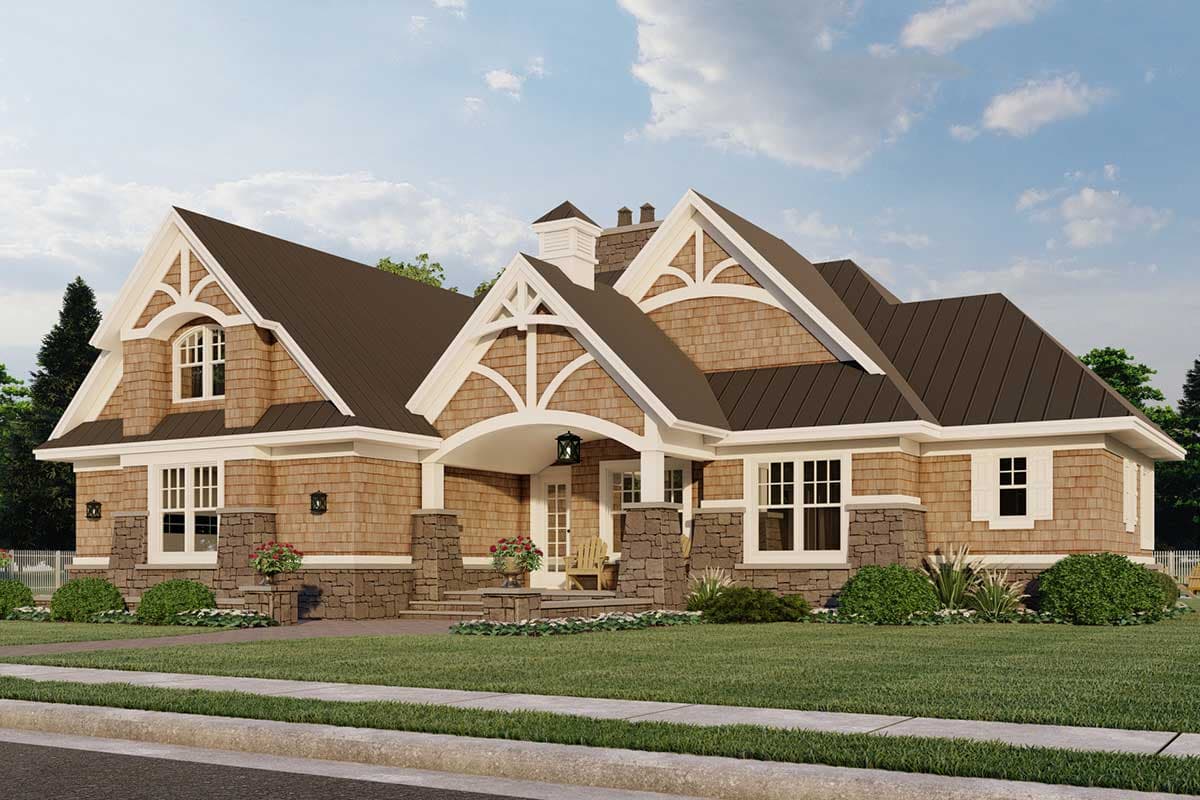 House plan exterior featuring a prominent gabled entrance with decorative brackets, stone accents, and cedar shingle siding.