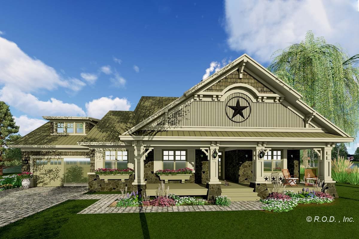 House plan exterior. Craftsman style with a single story, front porch with stone columns, gable roof, and garage with dormer.