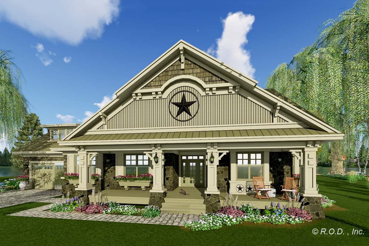 House plan exterior of a one-story Craftsman home with a broad porch, stone accents, decorative gables, and a prominent star emblem.