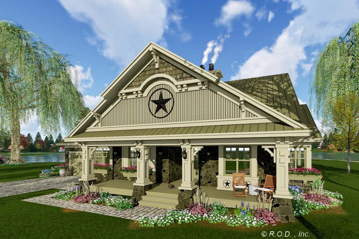 House plan exterior: Craftsman style, single story, with a wide covered porch, stone accents, and a prominent gable featuring a star.
