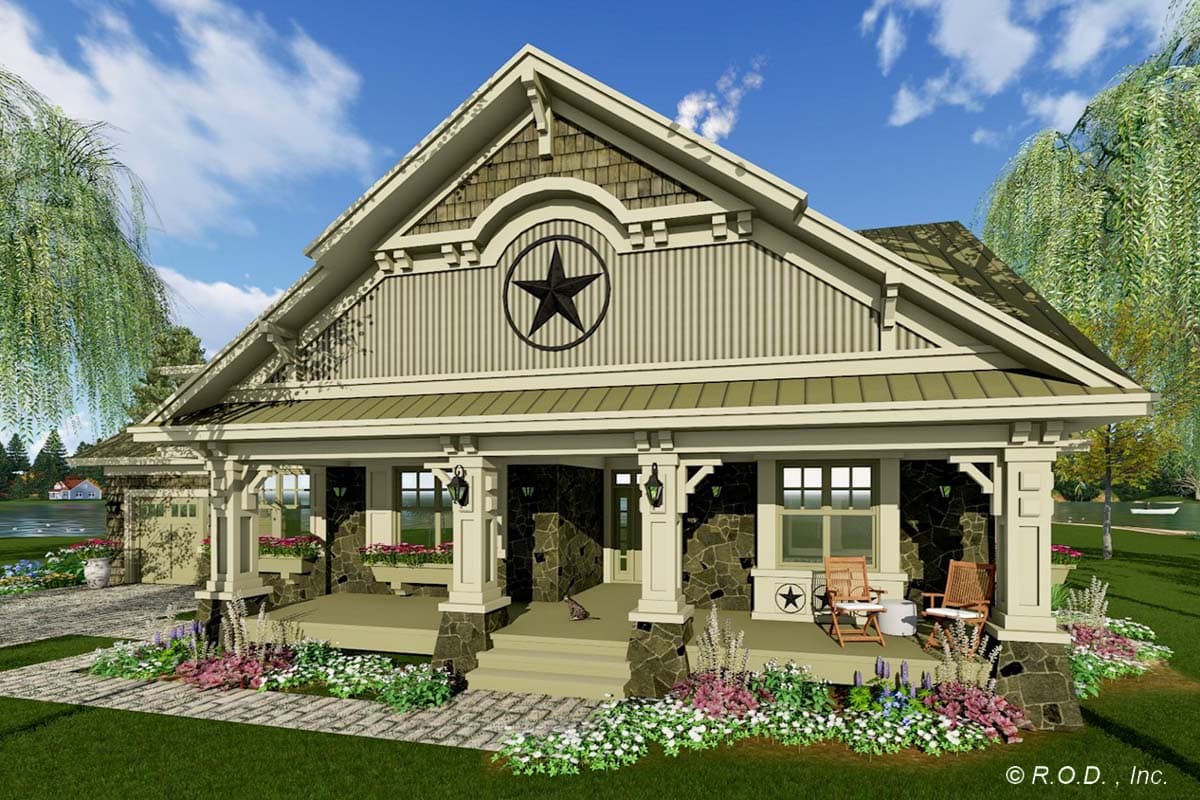 House plan exterior: Craftsman style, one story, full front porch with stone accents, gabled dormer with star.