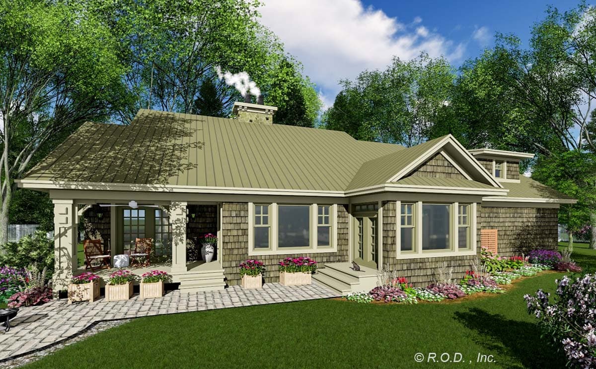 Craftsman style house plan exterior with a covered porch, wood shingle siding, multi-level rooflines, and a stone chimney.