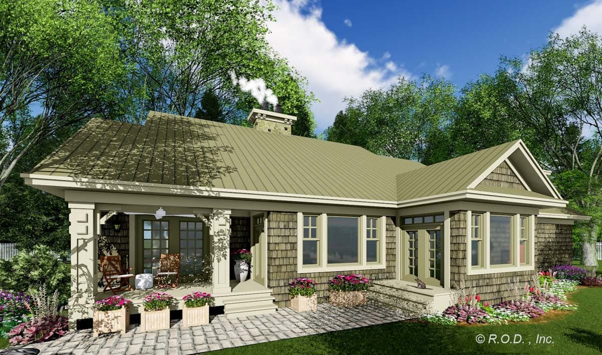 House plan exterior: Bungalow style, one story, with a covered front porch, stone chimney, and shingle siding.