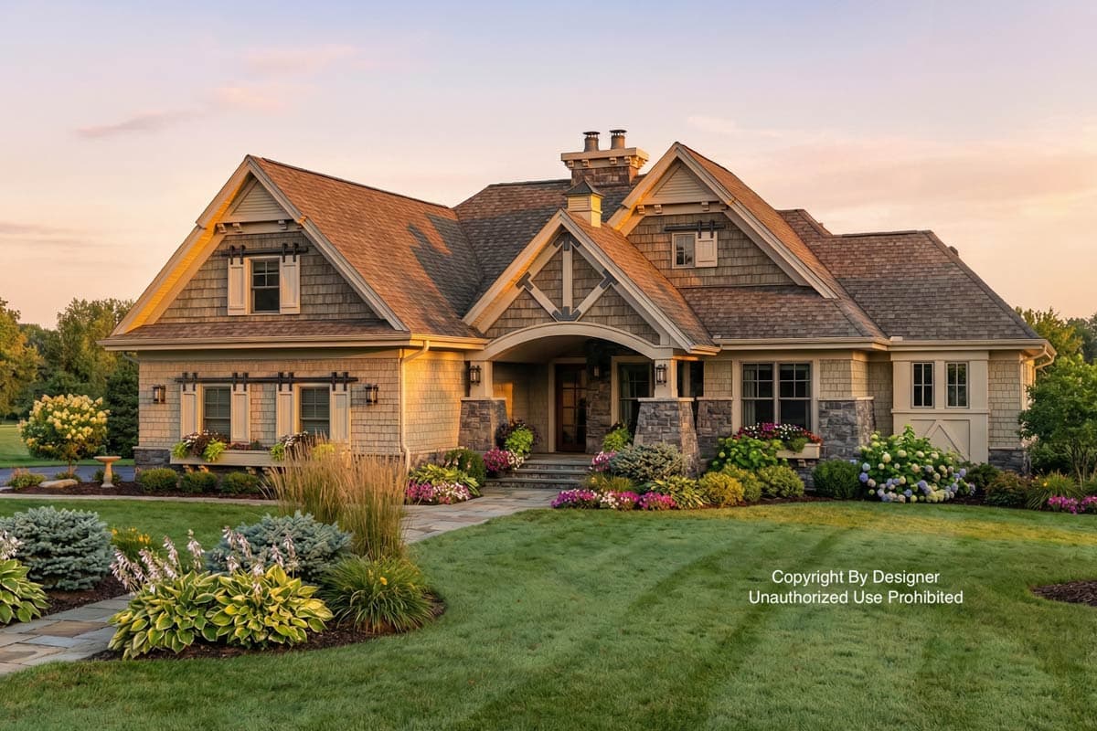 A craftsman-style house at sunset with a lush green lawn and flower beds. Stone accents, gabled roof, and decorative window shutters add to the charm.