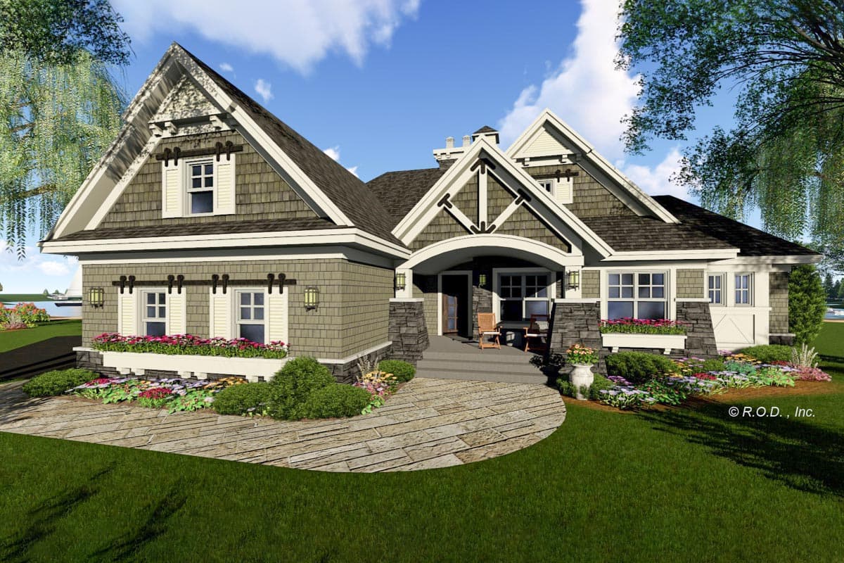 Craftsman house plan exterior, 1.5 stories, with prominent gables, stone accents, and a covered entryway.