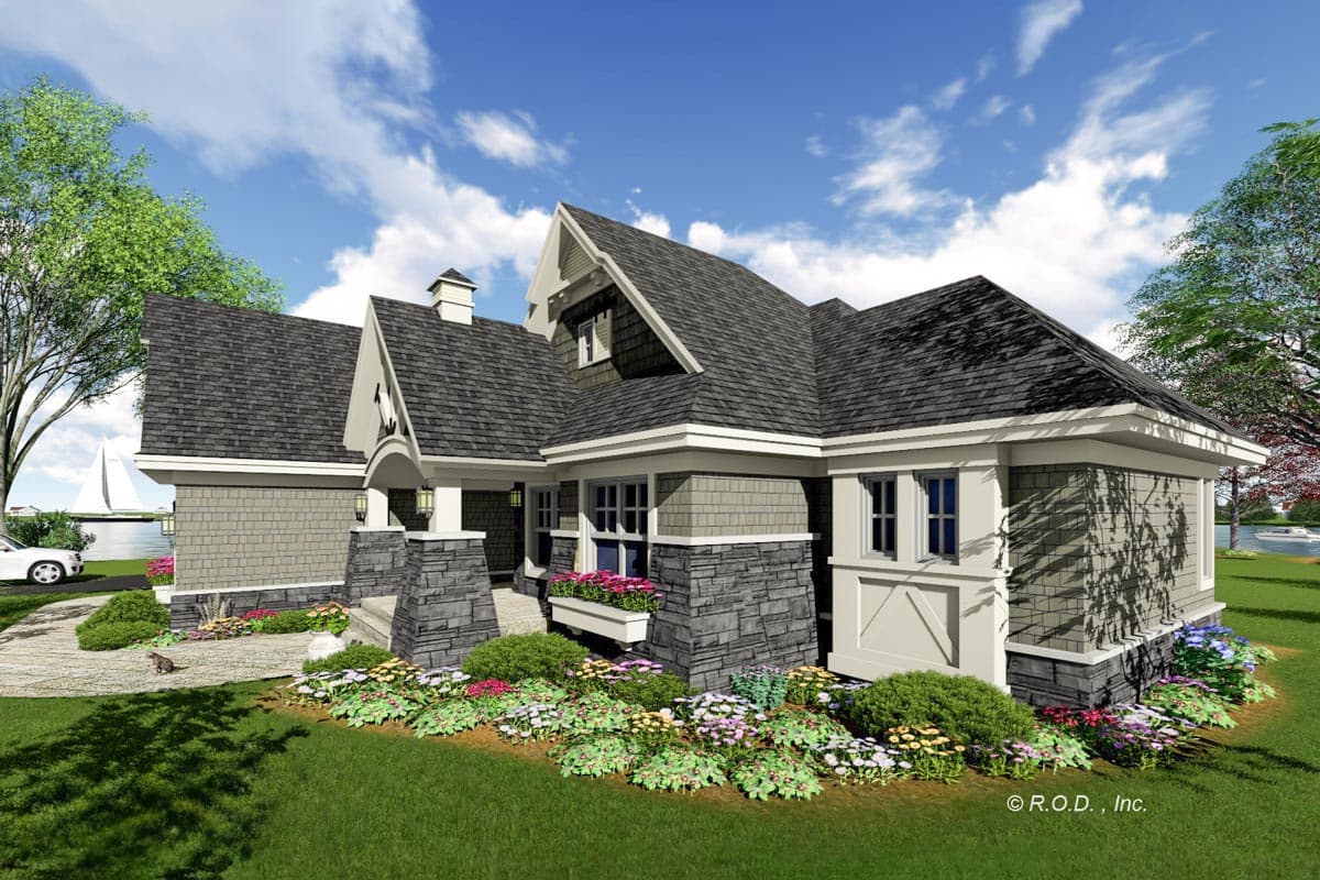 House plan exterior: Two-story Modern Farmhouse with stone accents, gables, dormers, and a covered front porch.