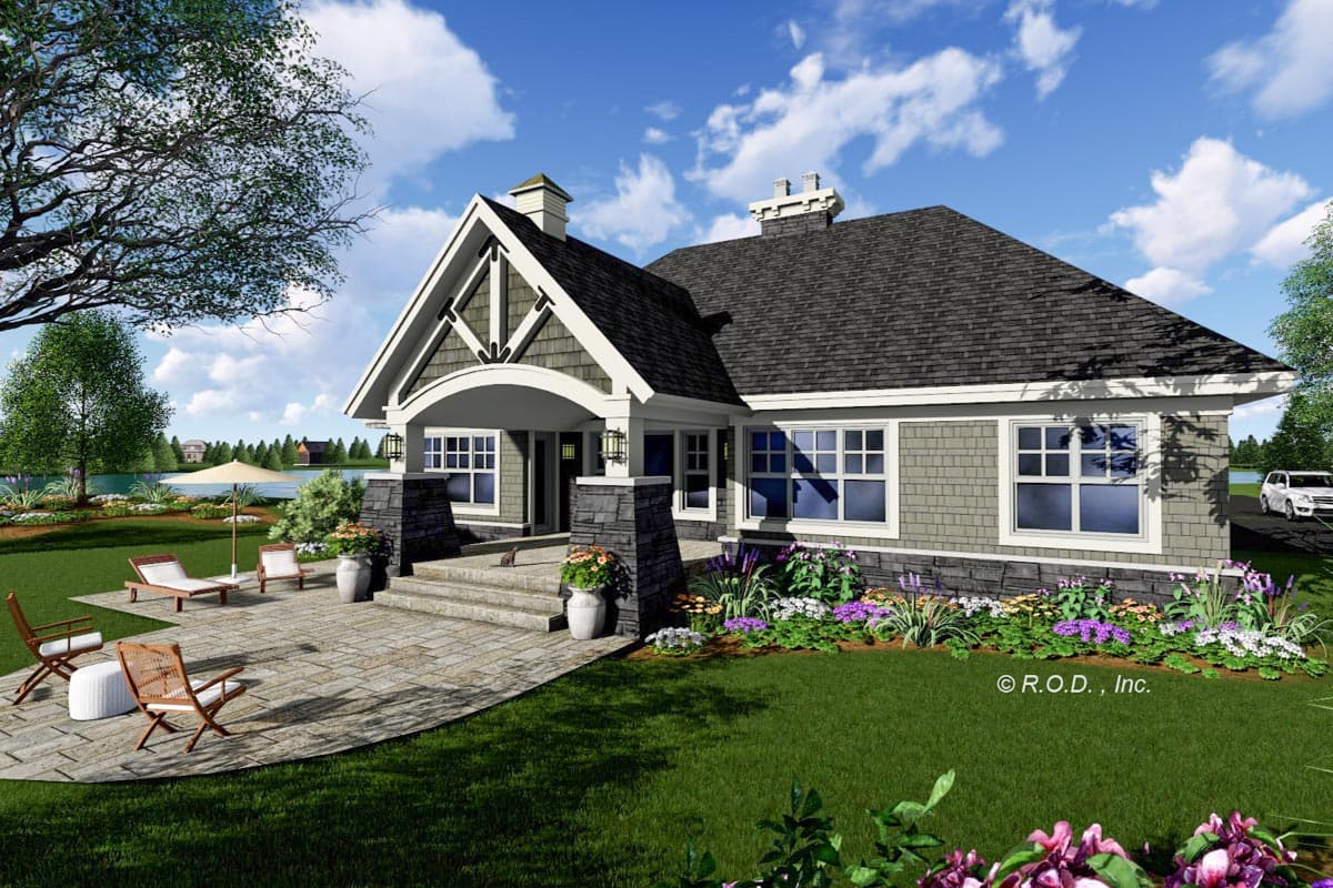 House plan exterior, Craftsman style, one story, with covered entry porch, gabled dormer, and stacked stone accents.