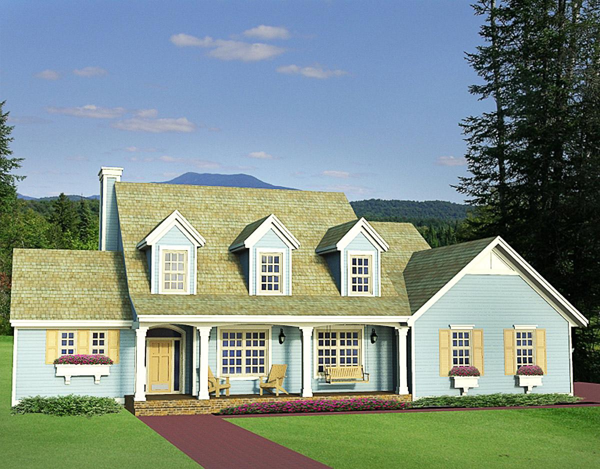 House plan exterior with dormers, central porch with swing, and gabled roofline. Features light blue siding.