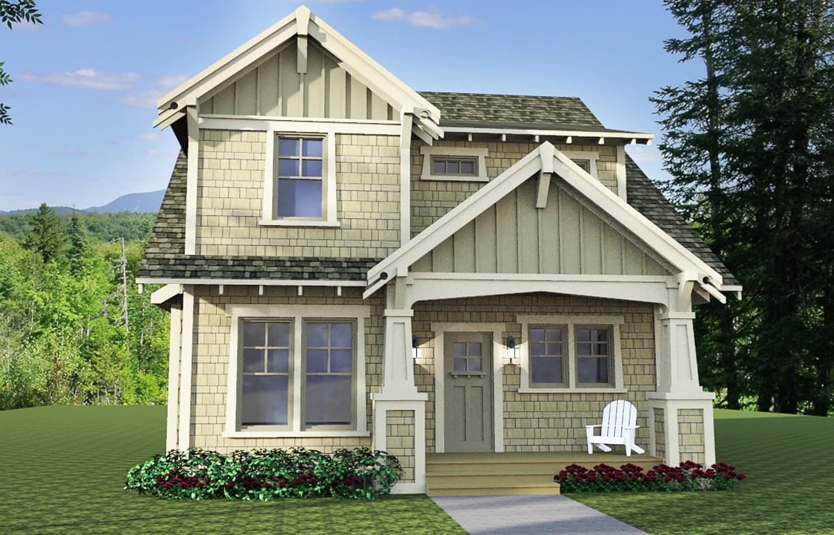 House plan exterior showing a two-story Modern Farmhouse with a prominent gable, covered front porch, and shingle siding.
