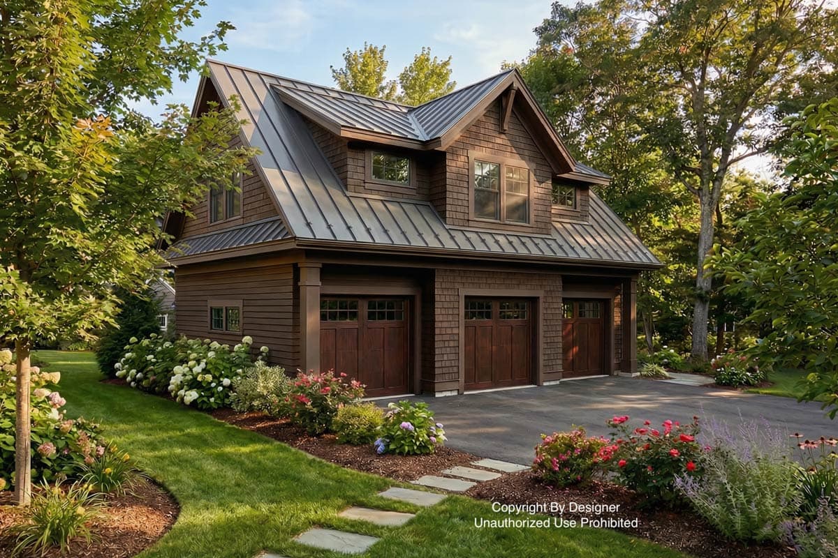 Craftsman-style house plan exterior with three garage bays, dormers, and a metal gable roof.