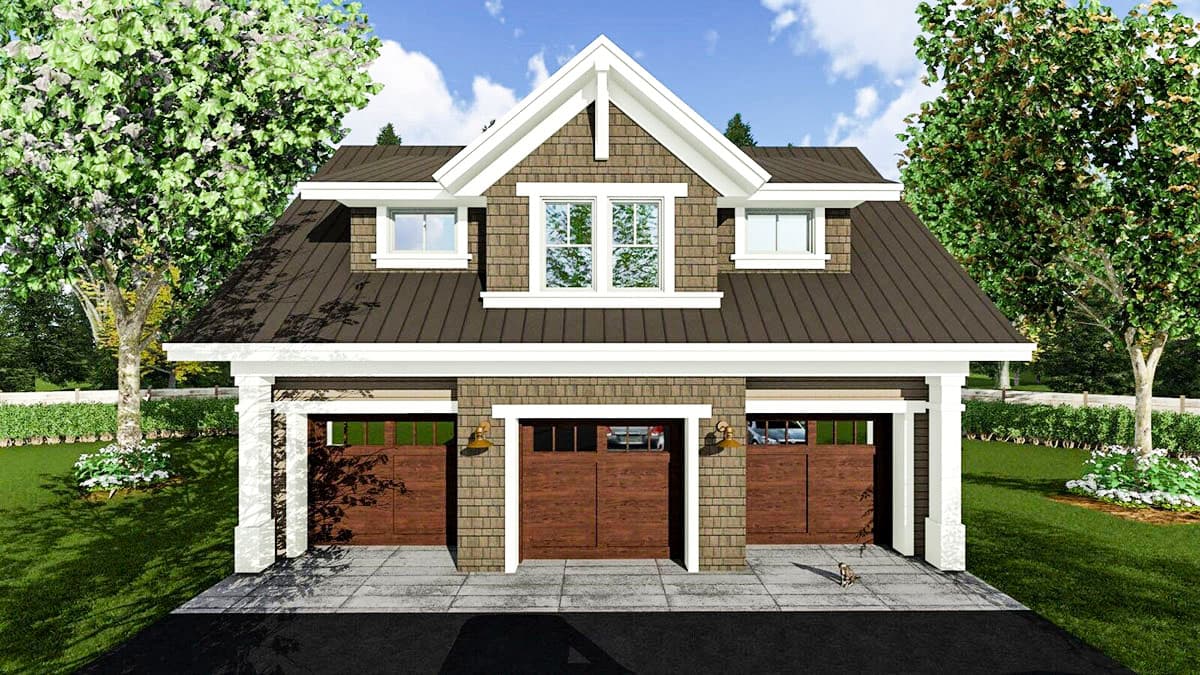House plan exterior: Two-story garage with three wooden doors, shingle siding, dormer windows, and a prominent front gable with decorative trim.