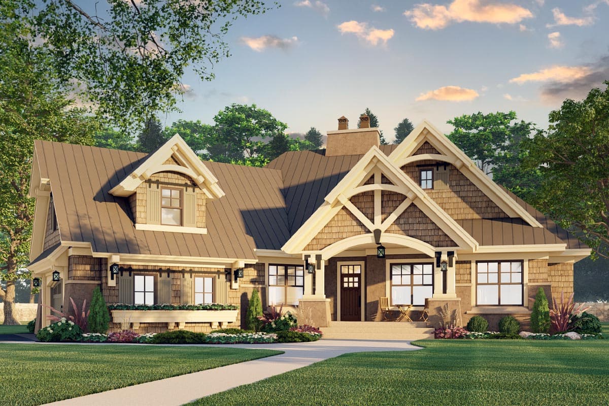 House plan exterior: Craftsman style, one-story, prominent gables with decorative trim, covered front porch, and dormer.