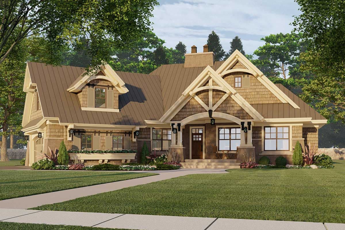 Craftsman house plan exterior with a metal gable roof, stone foundation, dormers, and a covered front porch with decorative timber framing.