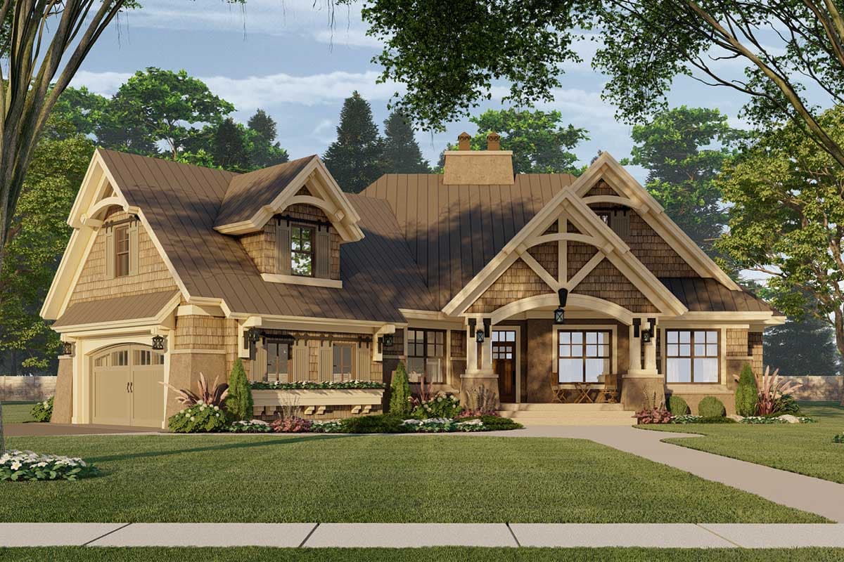 Craftsman house plan exterior with a prominent covered porch, multiple gables, dormers, and a side-entry garage.