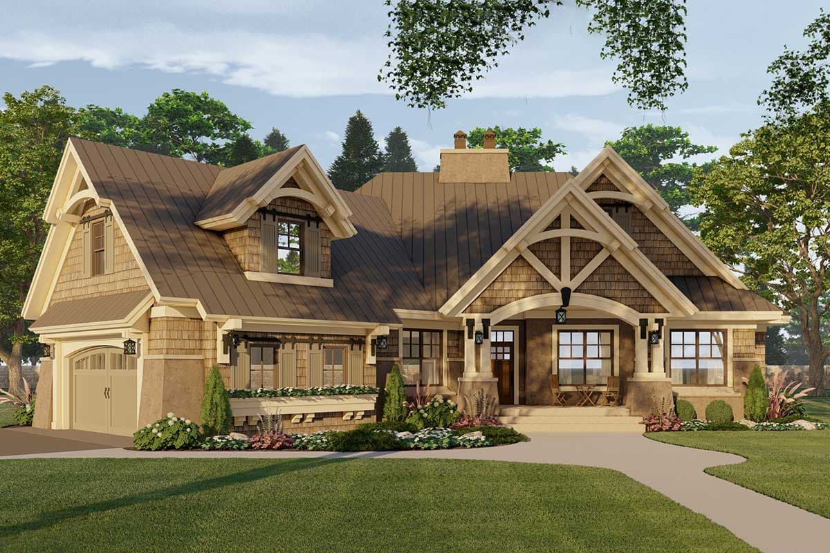 Craftsman style house plan exterior with prominent gables, a covered front porch, stone and shake siding, and a side-entry garage.