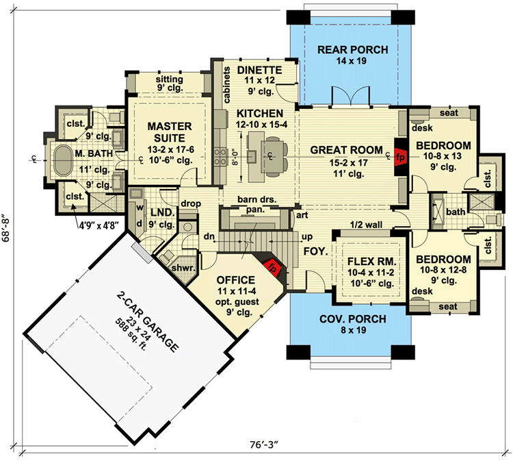 Plan 14635RK: Traditional Craftsman Style House Plan with Home Office and Great Room - 2177 Sq Ft - Floor Plan - Main Level - Craftsman, Mountain, Rustic, Traditional