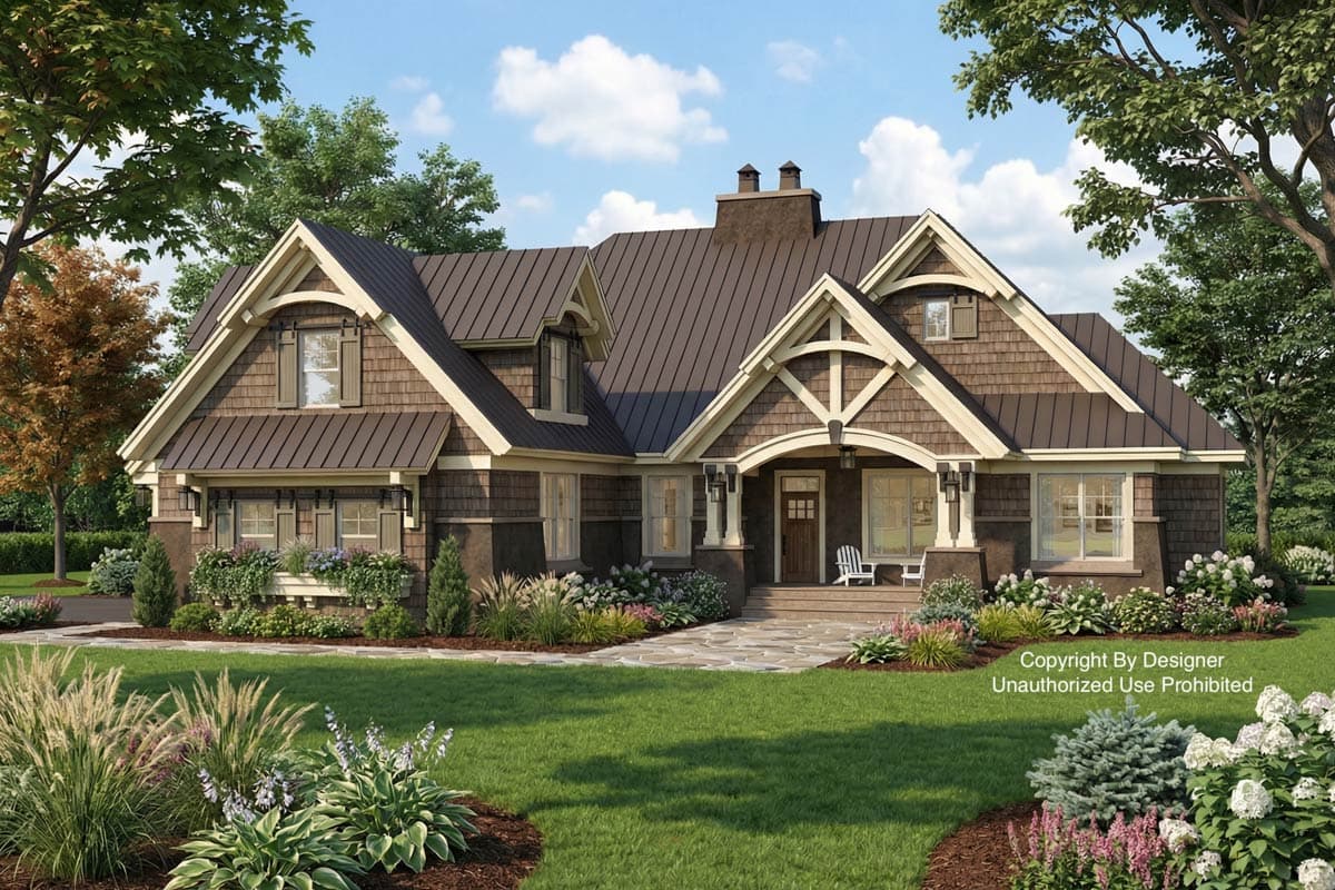 A beautiful craftsman-style house with a brown exterior and a lush green lawn. The home has a welcoming porch and a well-manicured landscape.