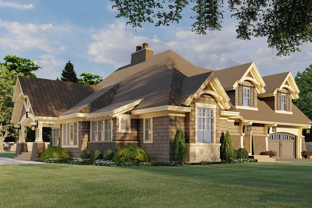Craftsman house plan exterior with stone base, shingled walls, prominent gables, dormers, and covered porch.