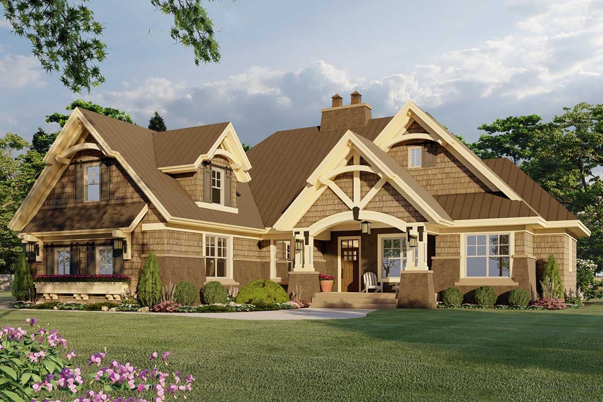 House plan exterior: Craftsman style, two stories, exposed rafter tails, covered entry porch, dormers, and stacked stone accents.