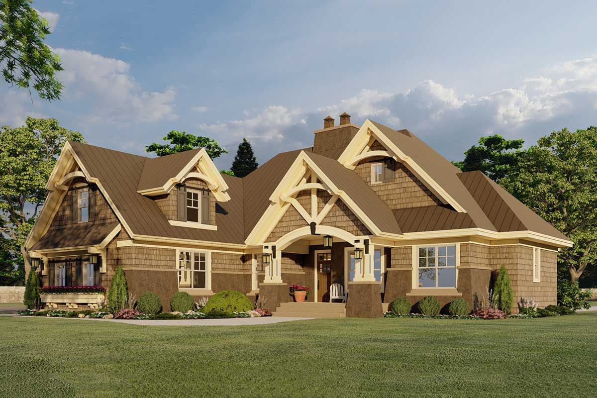House plan exterior, Craftsman style, 1.5 stories, featuring a covered front porch, arched gable trusses, dormers, and stacked stone accents.