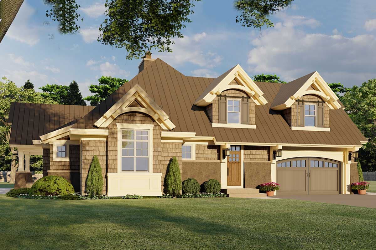 Craftsman house plan exterior with shake siding, arched dormers, large bay window, and two-car garage.