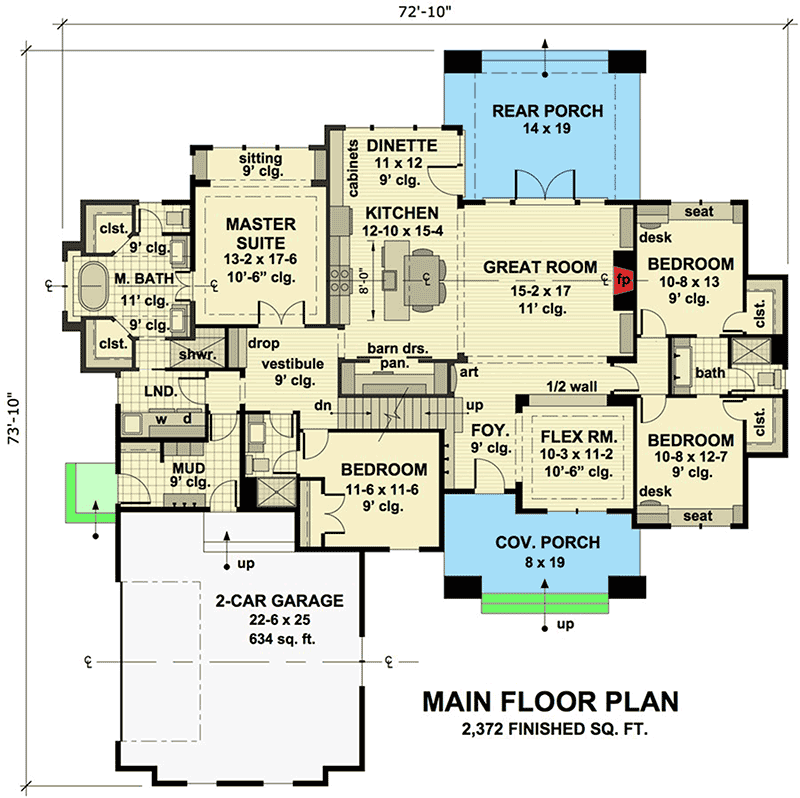 Plan 14636RK: 4-Bed Craftsman House Plan with Flex and Bonus Rooms - 2372 Sq Ft - Floor Plan - Main Level - Craftsman, Mountain, Northwest