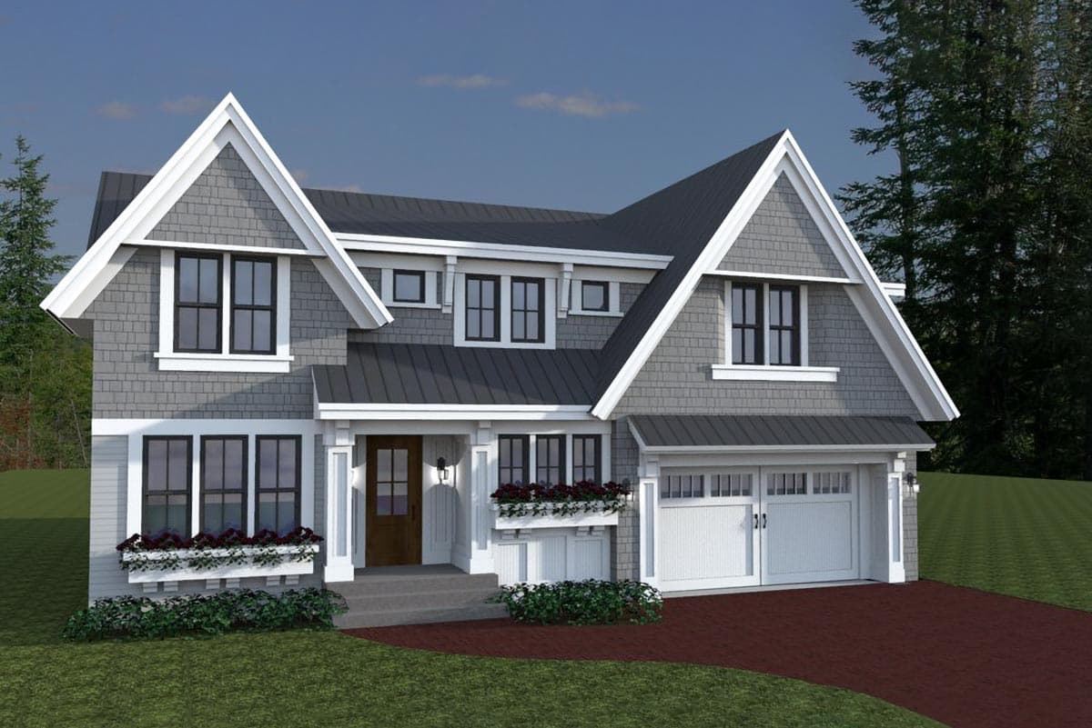 House plan exterior: two-story Modern Farmhouse with gabled dormers, a covered front porch, and a two-car garage.