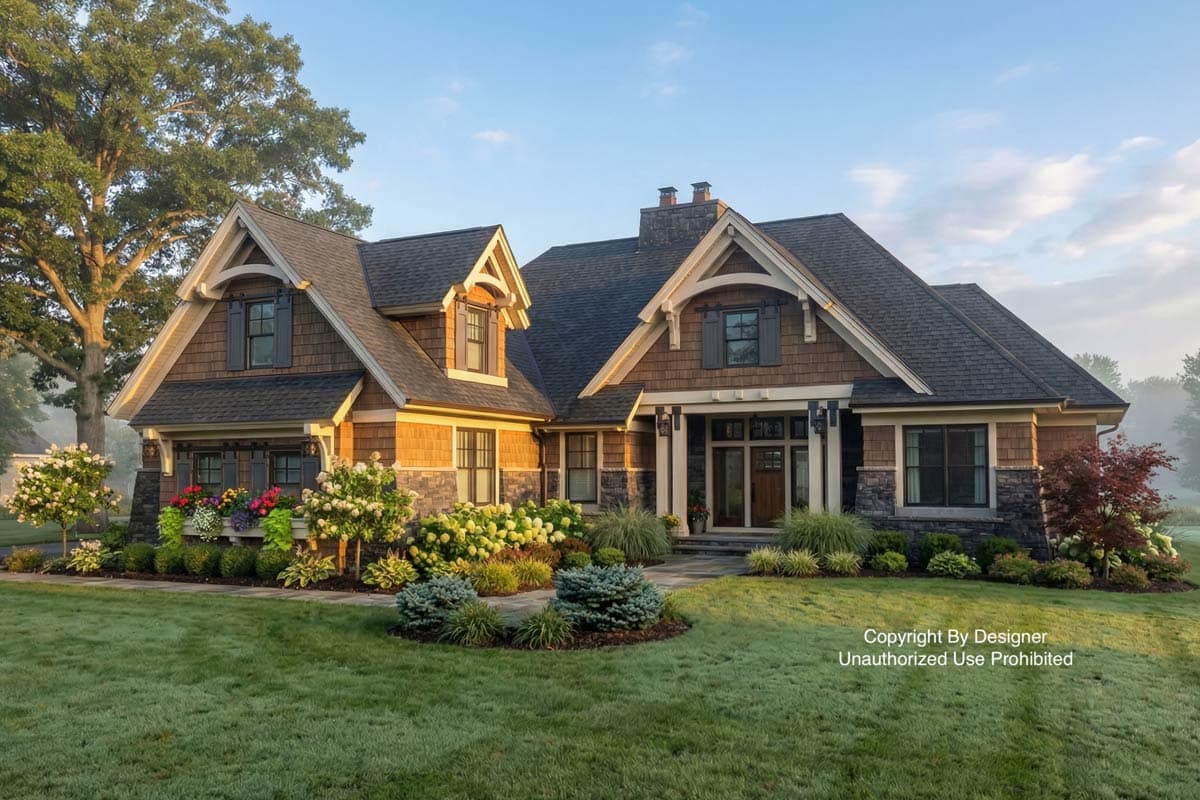 A craftsman-style house with dark brown shingle siding, surrounded by lush green lawn and colorful landscaping under a blue sky.