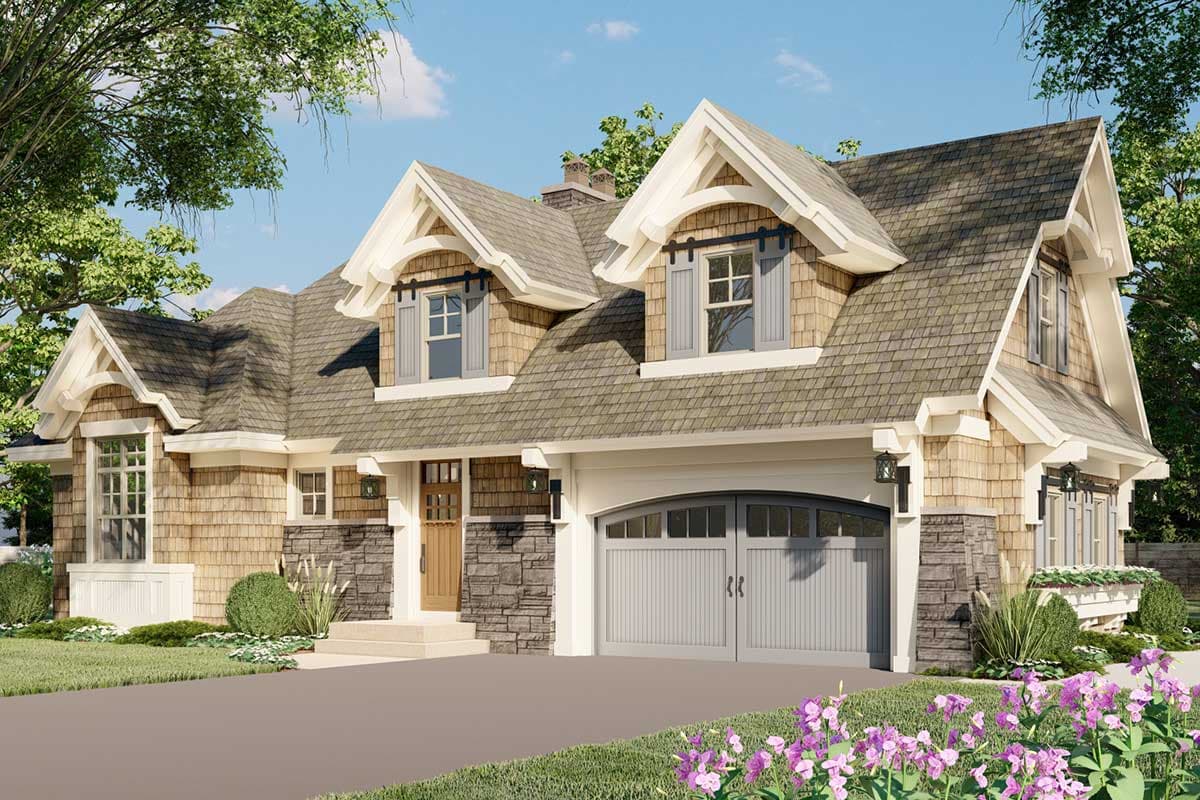 Craftsman house plan exterior with shingle siding, stone accents, dormer windows with barn door shutters, and a two-car garage.