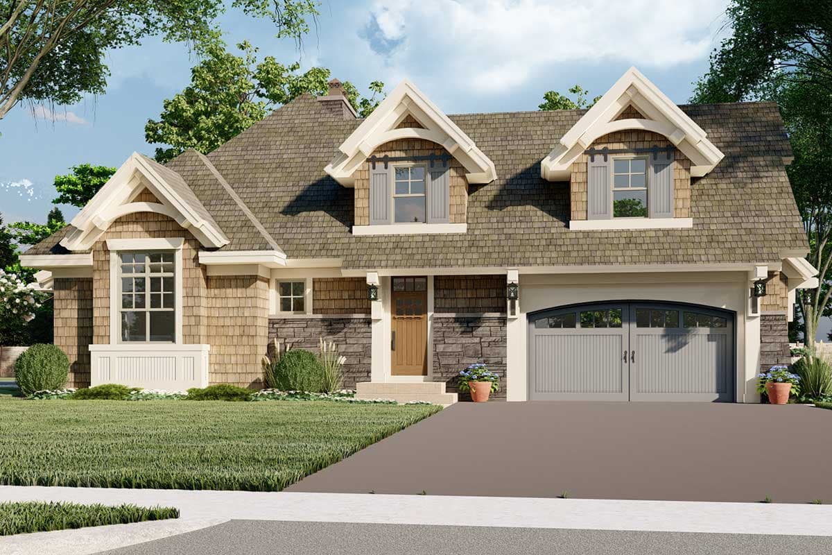 House plan exterior: Craftsman style, two stories, gable dormers, stone and shake siding, front-facing garage.