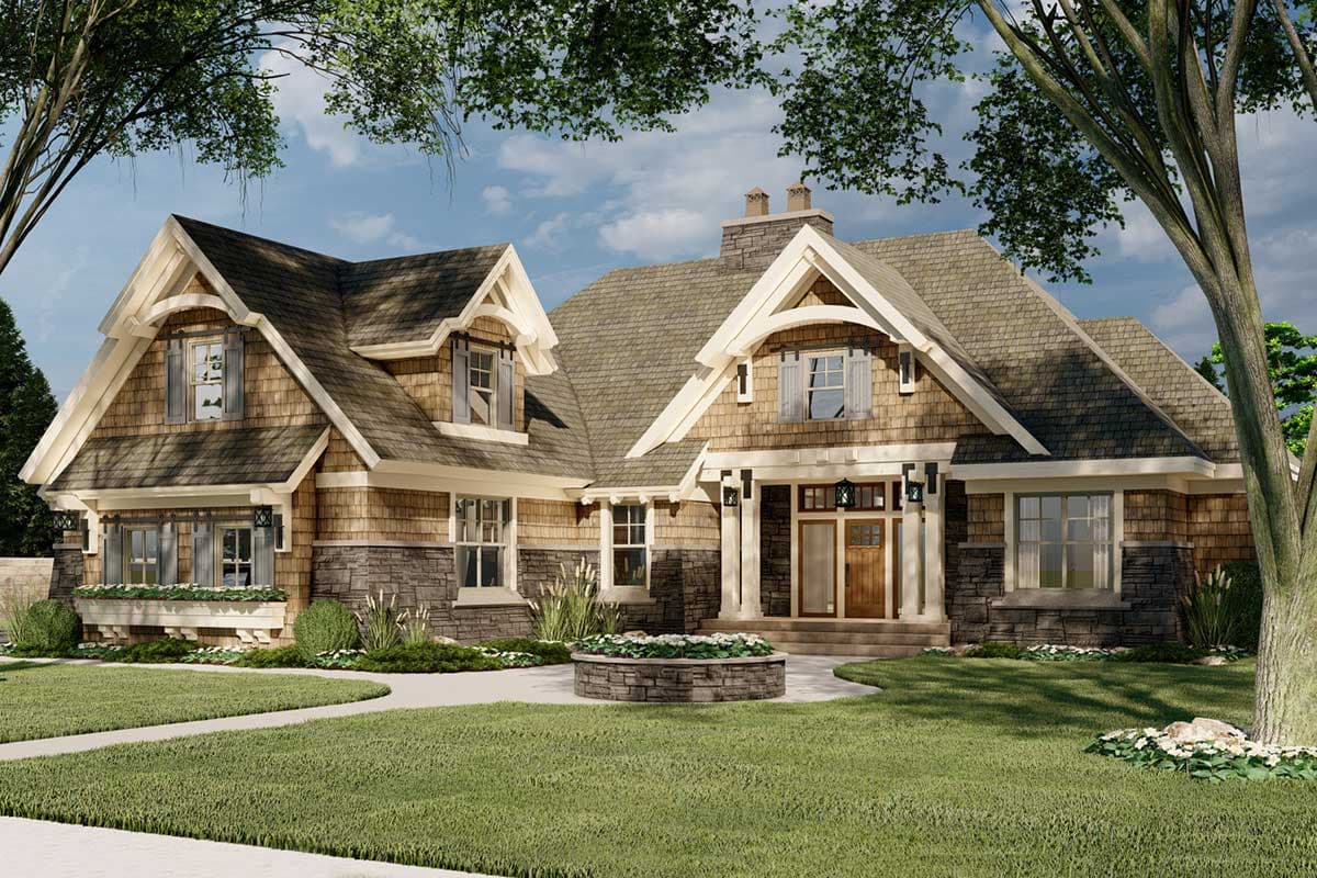 Craftsman house plan exterior with stone and shingle siding, prominent gables, dormer windows, and a covered entry porch with columns.