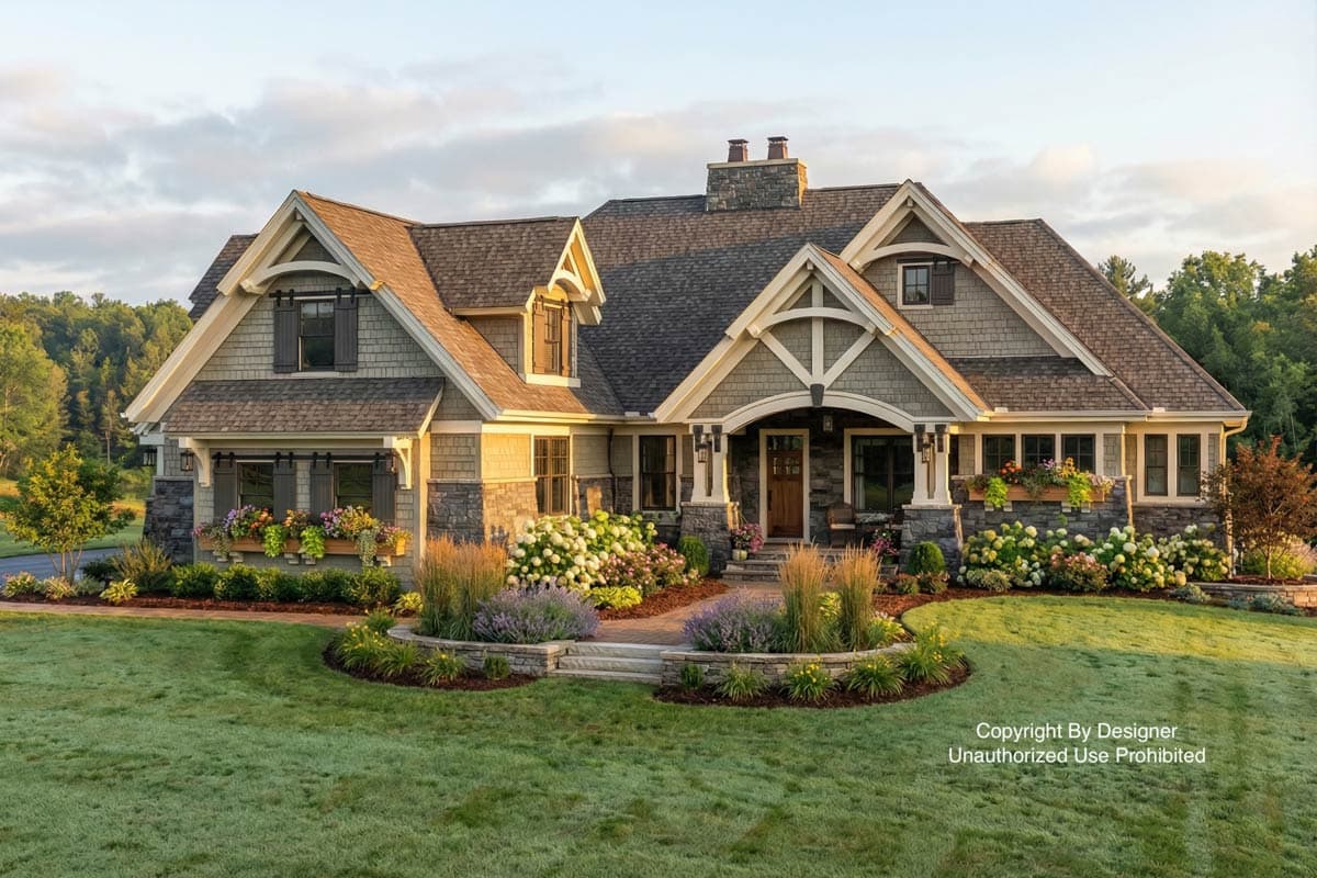 A large, multi-gabled house with stone accents, lush landscaping, and a manicured lawn, bathed in the soft glow of the setting sun.