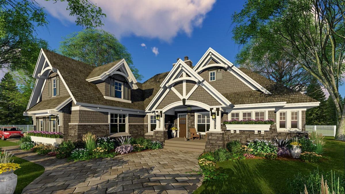 House plan exterior: Craftsman style, multiple gables, stone and shingle siding, covered entry porch with decorative brackets.