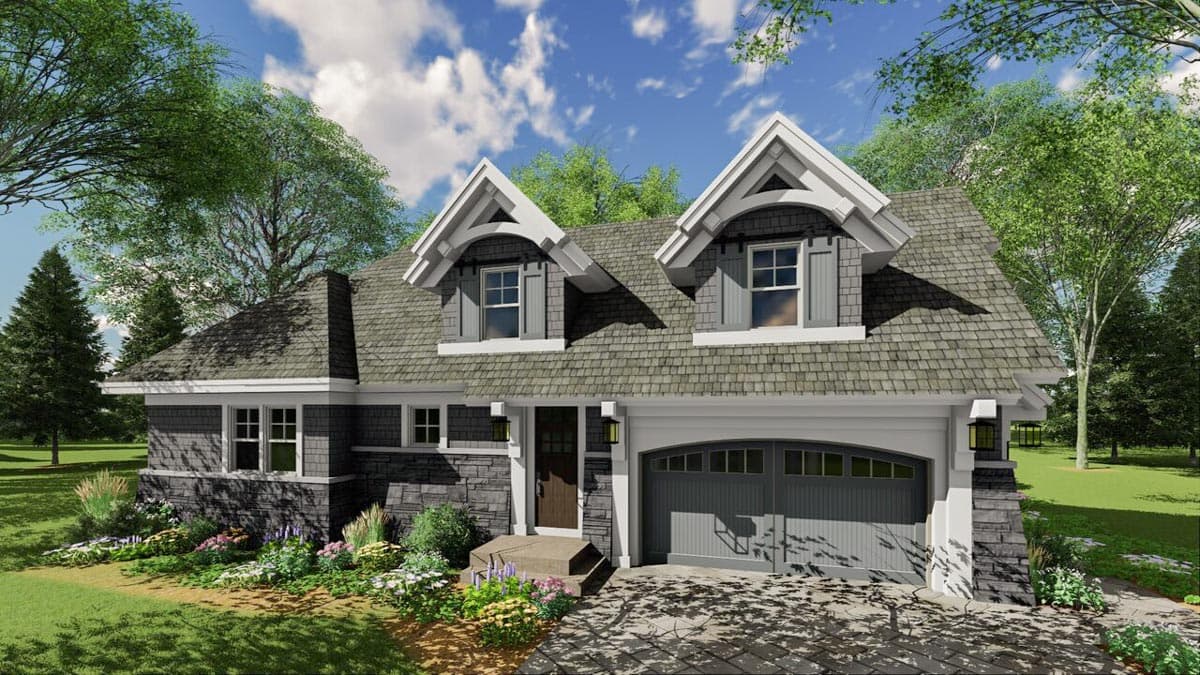 House plan exterior: Craftsman style, two stories, stone and shake siding, prominent gables, and attached garage.