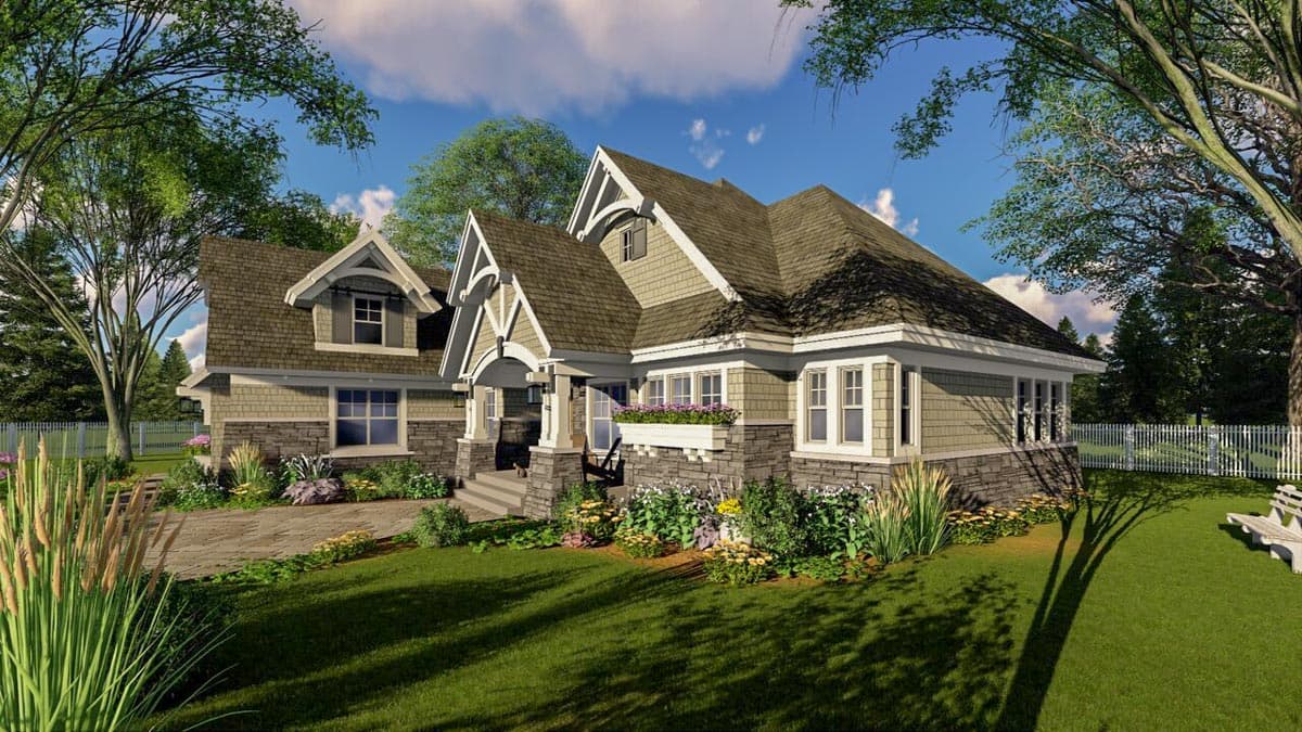 Craftsman style house plan exterior with stone foundation, multiple gables, dormers, and covered entryway.