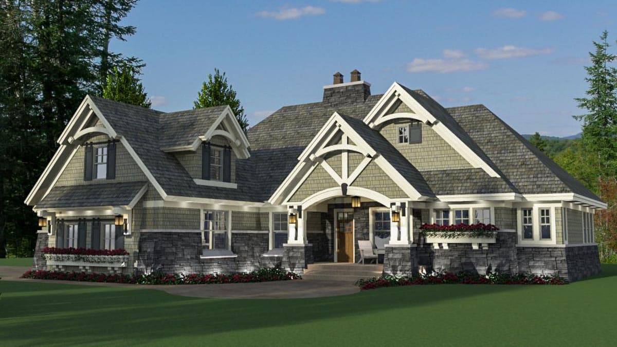 Craftsman style house plan exterior with gables, stone accents, arched entry porch, and dormers.