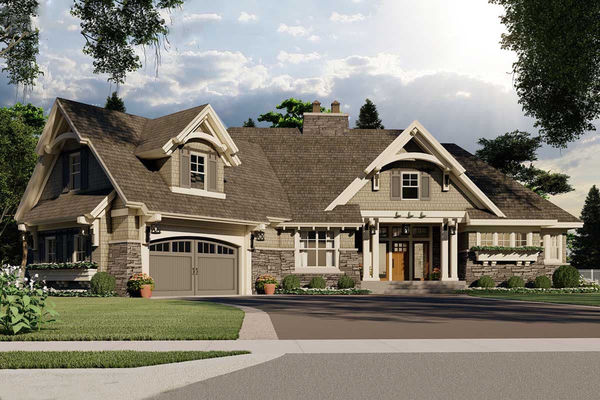 Craftsman style house plan exterior with stone and shingle siding, two-car garage, dormer windows, and covered entry.
