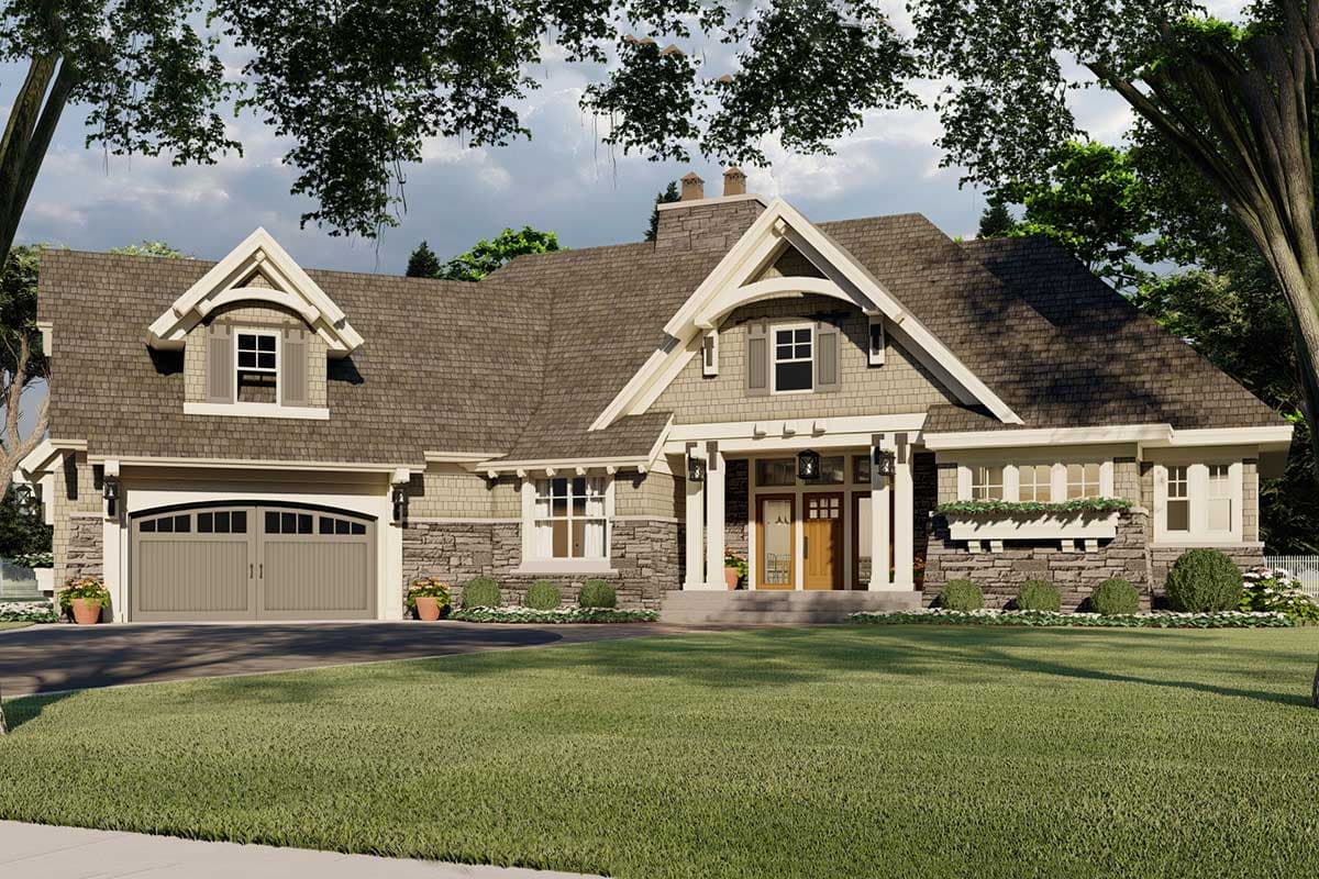 House plan exterior featuring a two-car garage, gabled dormers, stone and shingle siding, and a covered entryway.