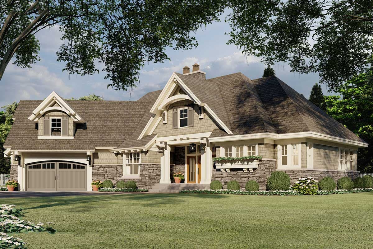 Craftsman style house plan exterior with stone and shingle siding, prominent gables, dormer window, and side-facing garage.
