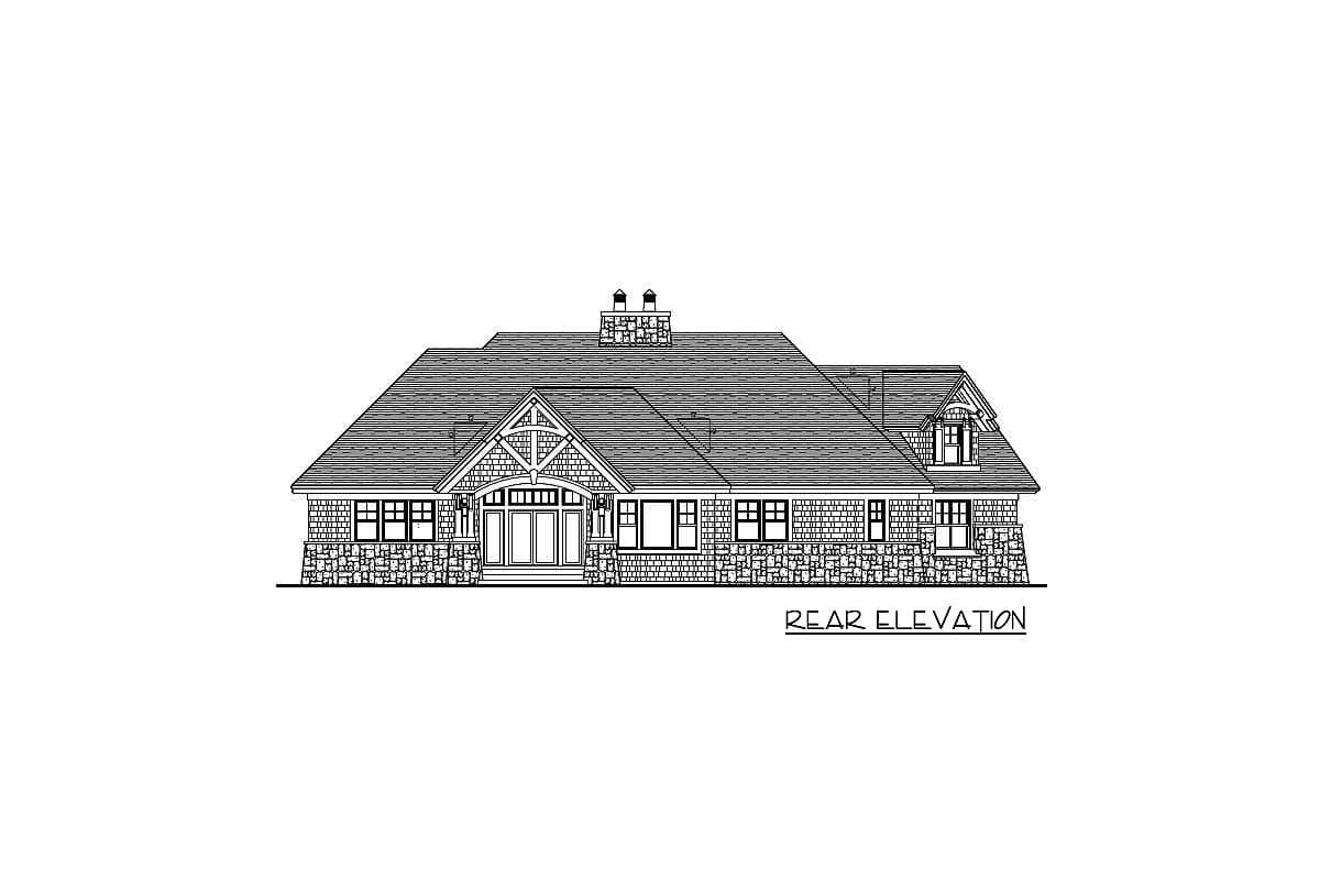 Rear elevation drawing of a one-and-a-half-story house with stone and shingle siding, multiple gables, and a prominent central dormer.