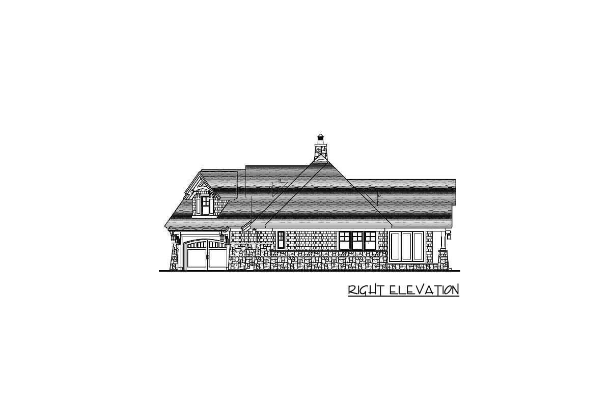 House plan right elevation drawing shows a two-story house with a dormer, attached garage, and stone foundation.