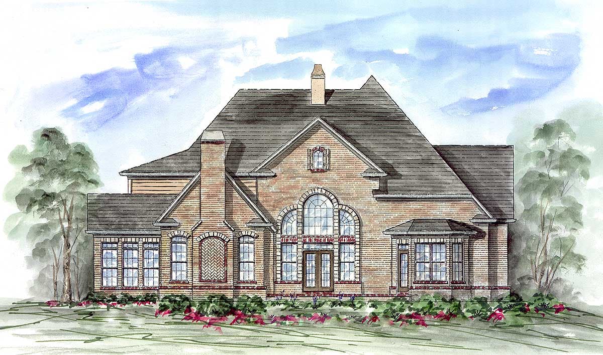 House plan exterior: Brick facade with multiple gables, arched windows, prominent chimneys, and a central double-door entry.