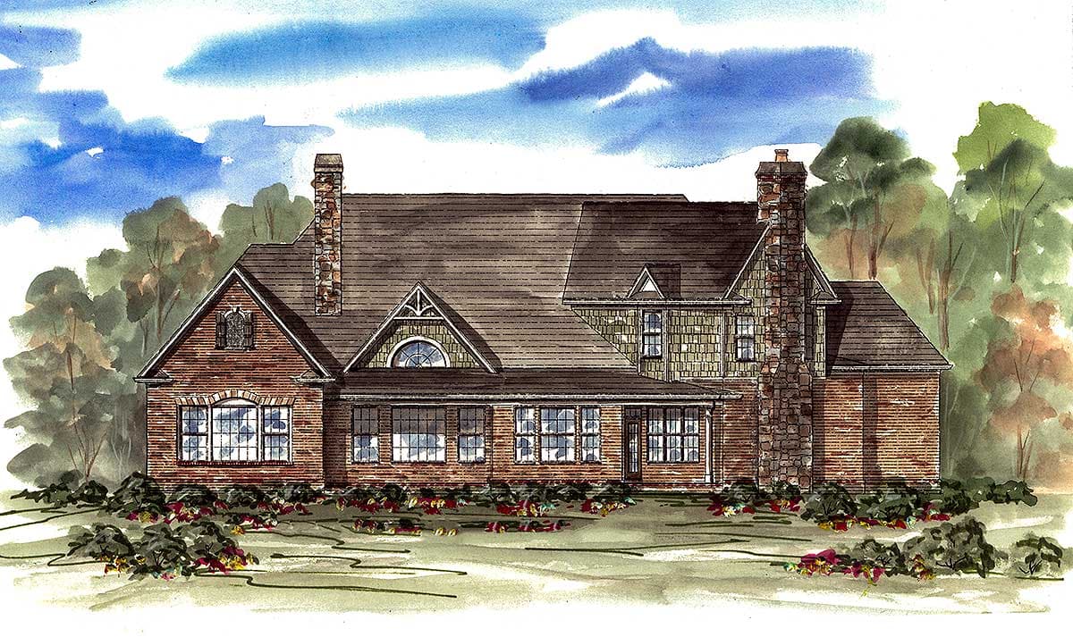 House plan exterior: Two-story brick and shingle home with prominent stone chimneys, gables, dormers, and a covered porch.